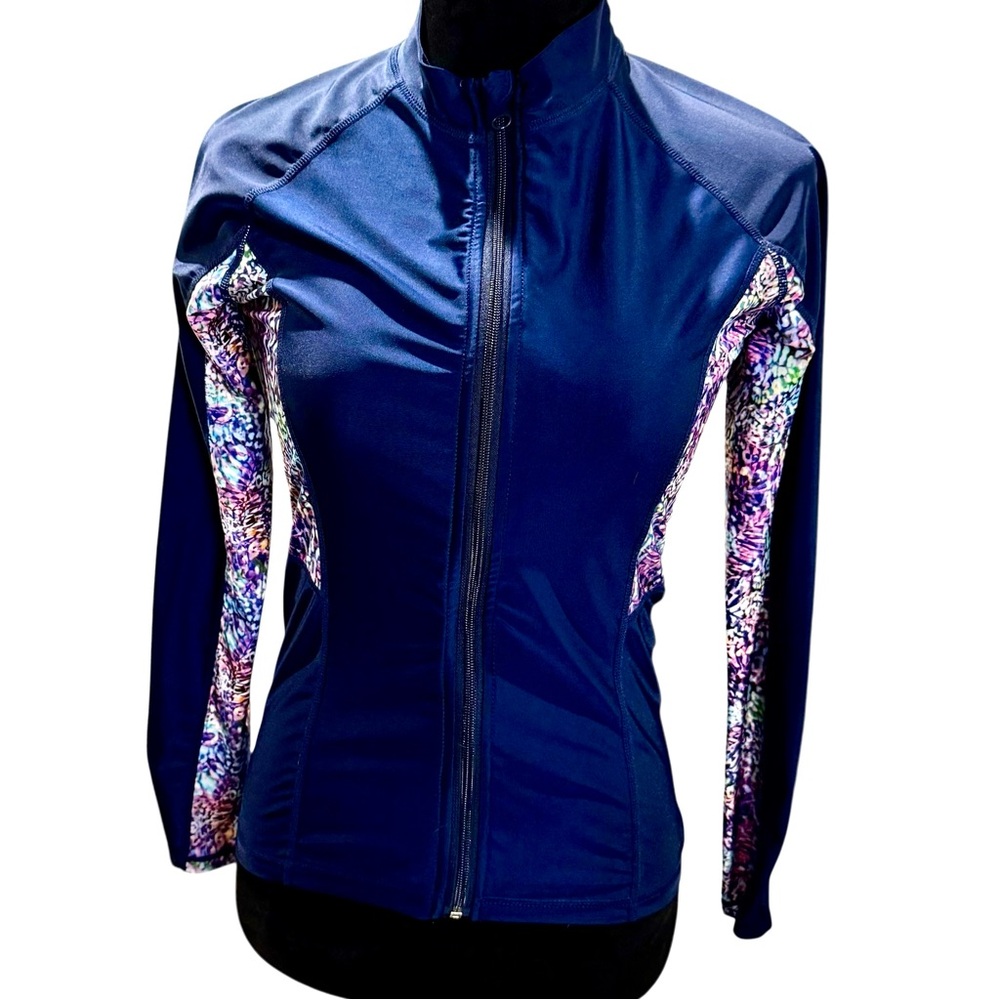 TSLA Women's Swim Top Rash Guard Full Zip Navy Floral Jacket Medium UPF 50+
